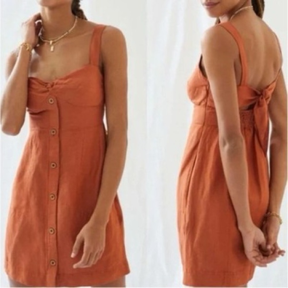Anthropologie Maeve Rust Twist Front Linen Blend Mini Dress
